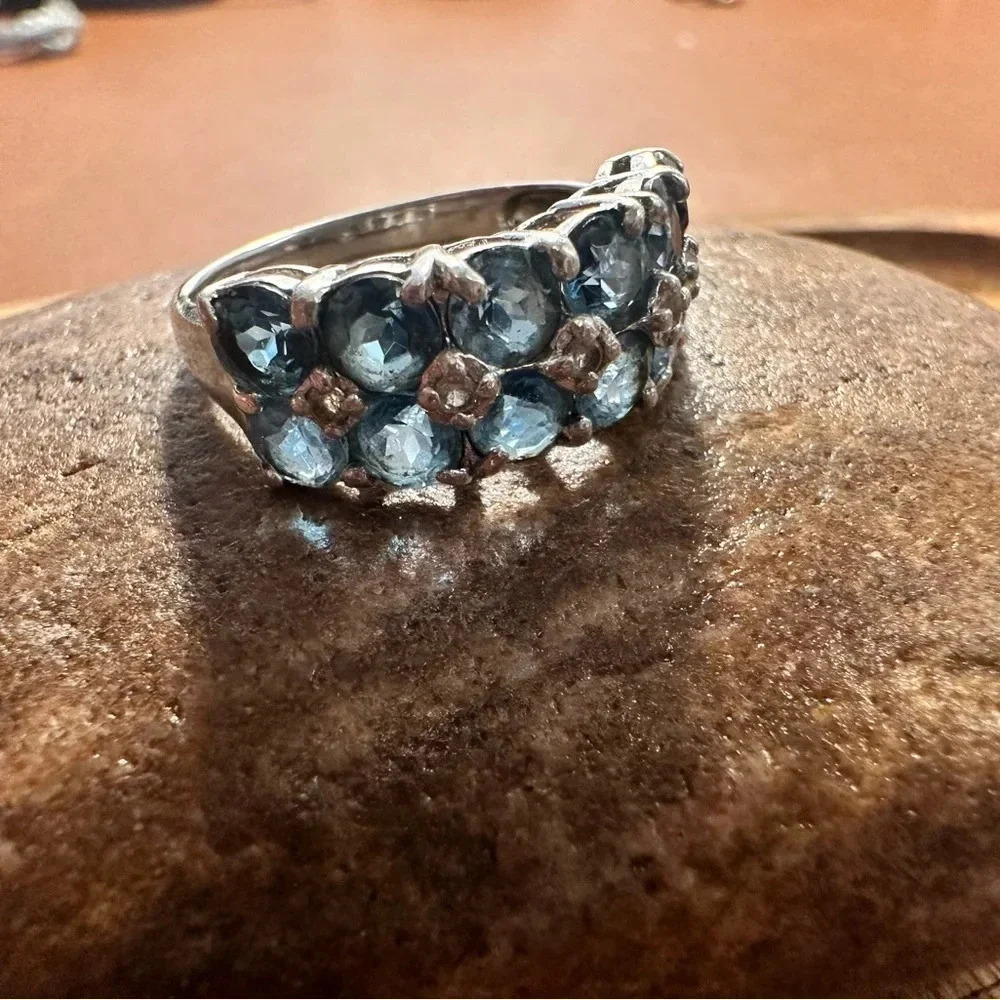 Natural Blue & White Topaz Sterling Cluster Band Size 8